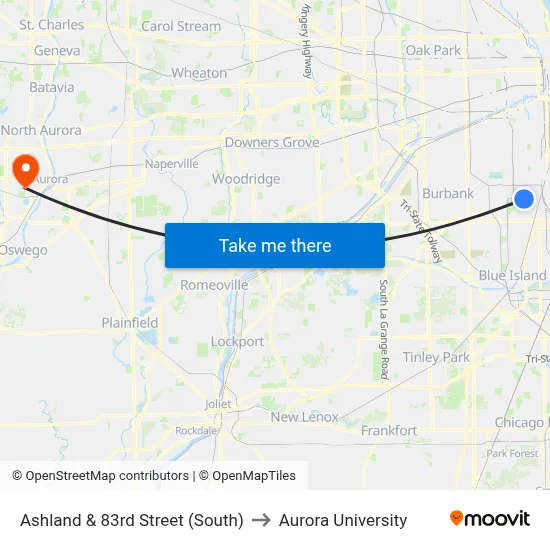 Ashland & 83rd Street (South) to Aurora University map