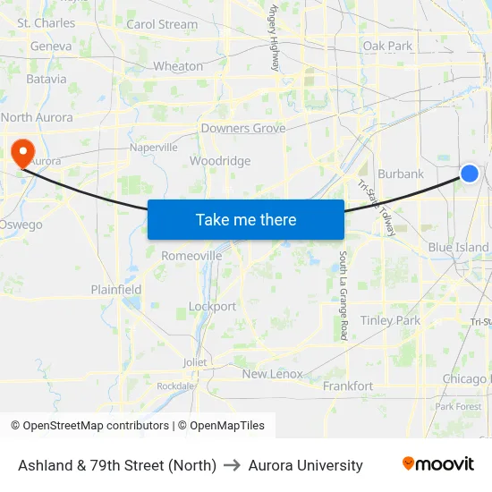 Ashland & 79th Street (North) to Aurora University map