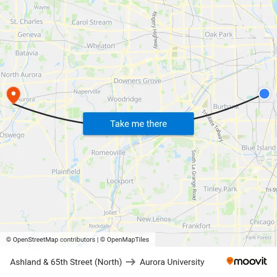 Ashland & 65th Street (North) to Aurora University map
