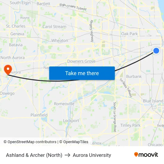 Ashland & Archer (North) to Aurora University map