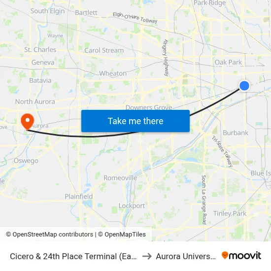 Cicero & 24th Place Terminal (East) to Aurora University map