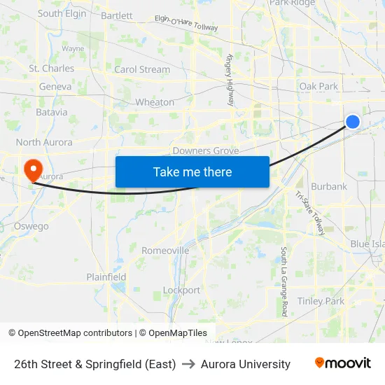 26th Street & Springfield (East) to Aurora University map