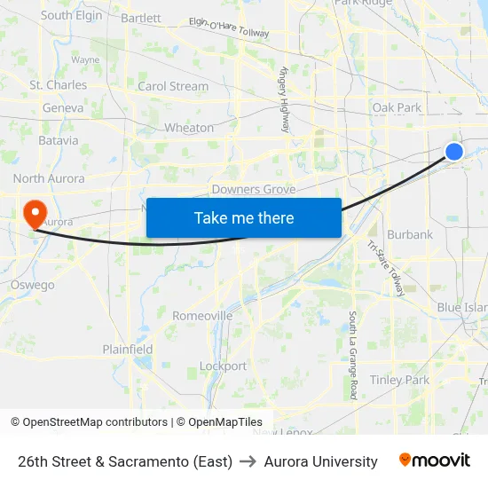 26th Street & Sacramento (East) to Aurora University map