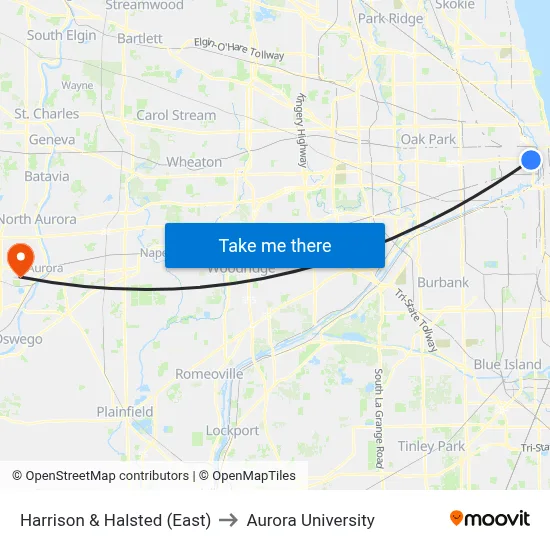 Harrison & Halsted (East) to Aurora University map