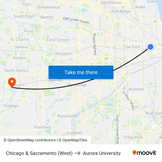 Chicago & Sacramento (West) to Aurora University map