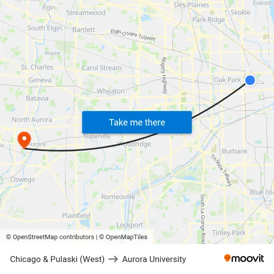 Chicago & Pulaski (West) to Aurora University map