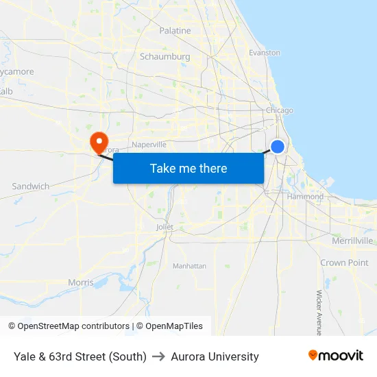 Yale & 63rd Street (South) to Aurora University map