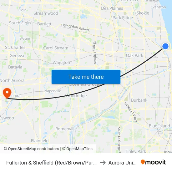 Fullerton & Sheffield (Red/Brown/Purple Line) (East) to Aurora University map