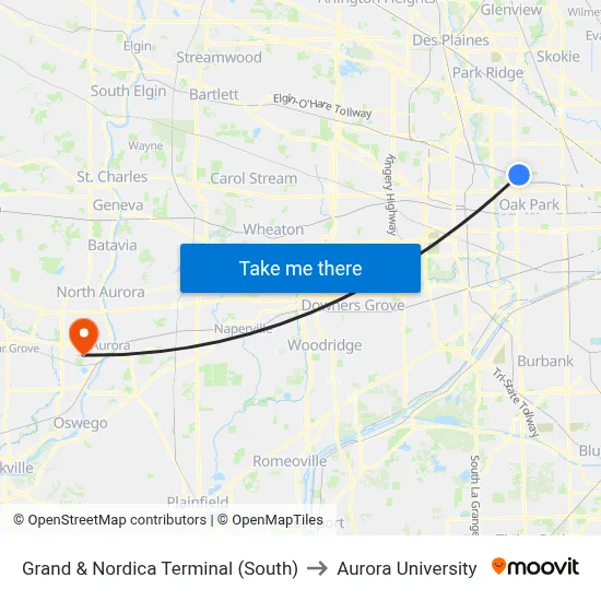 Grand & Nordica Terminal (South) to Aurora University map