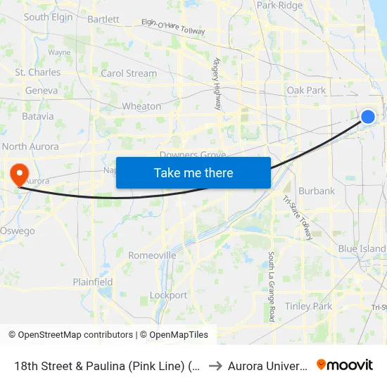 18th Street & Paulina (Pink Line) (East) to Aurora University map