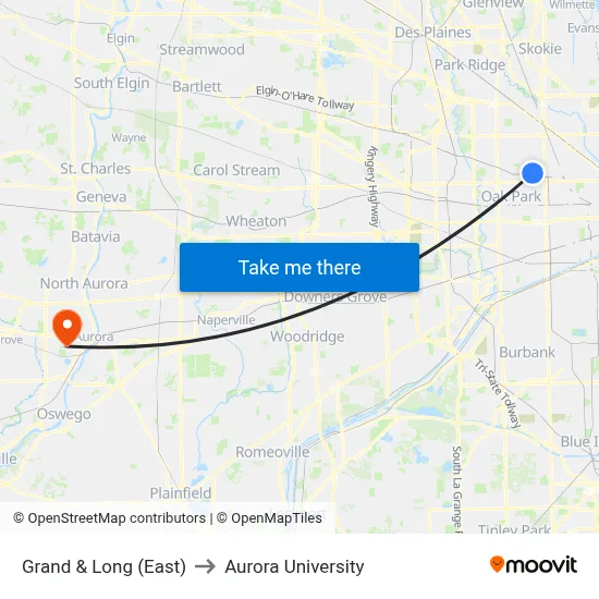 Grand & Long (East) to Aurora University map