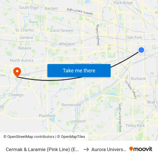 Cermak & Laramie (Pink Line) (East) to Aurora University map