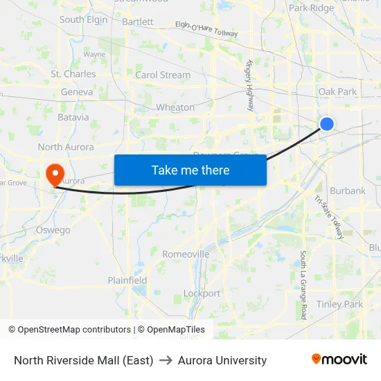 North Riverside Mall (East) to Aurora University map