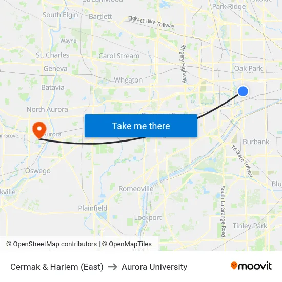 Cermak & Harlem (East) to Aurora University map