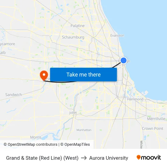 Grand & State (Red Line) (West) to Aurora University map