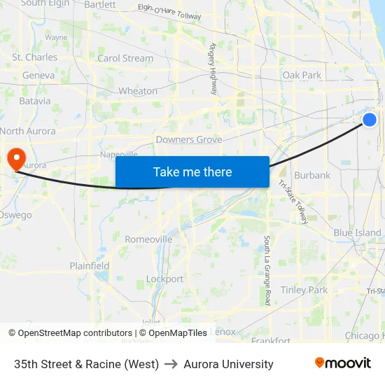 35th Street & Racine (West) to Aurora University map