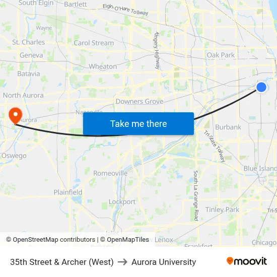 35th Street & Archer (West) to Aurora University map