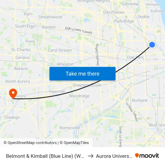 Belmont & Kimball (Blue Line) (West) to Aurora University map