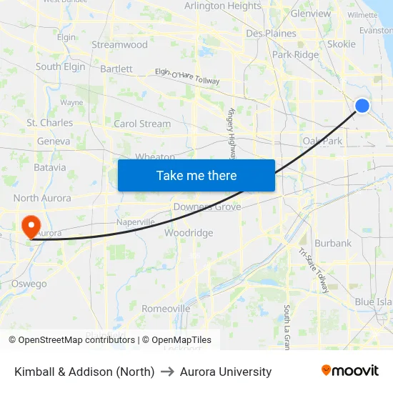 Kimball & Addison (North) to Aurora University map