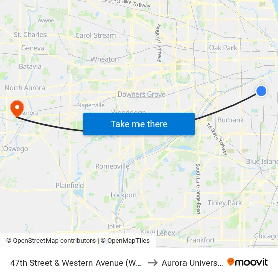 47th Street & Western Avenue (West) to Aurora University map