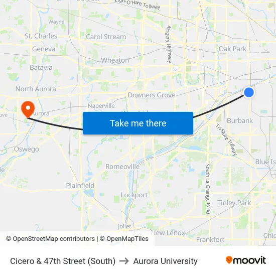 Cicero & 47th Street (South) to Aurora University map