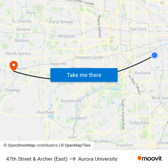 47th Street & Archer (East) to Aurora University map