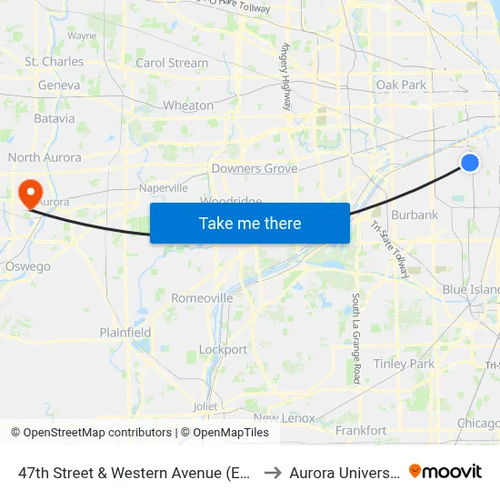 47th Street & Western Avenue (East) to Aurora University map