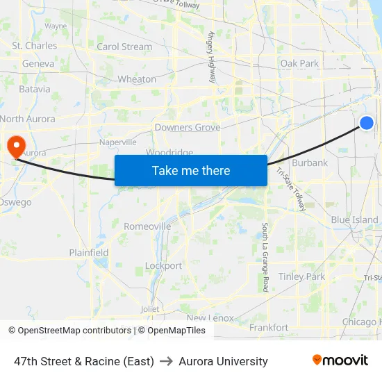 47th Street & Racine (East) to Aurora University map