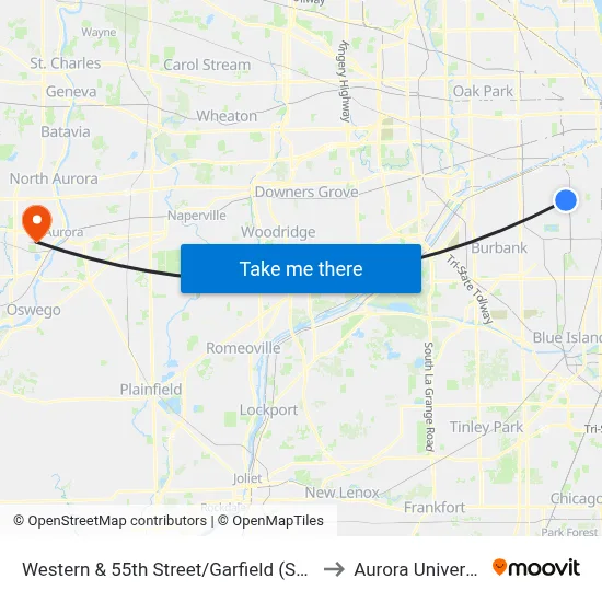 Western & 55th Street/Garfield (South) to Aurora University map