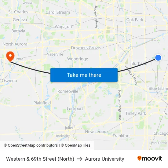 Western & 69th Street (North) to Aurora University map