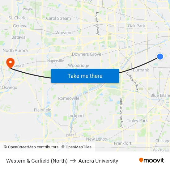 Western & Garfield (North) to Aurora University map