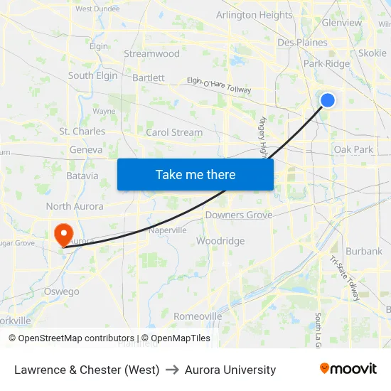 Lawrence & Chester (West) to Aurora University map