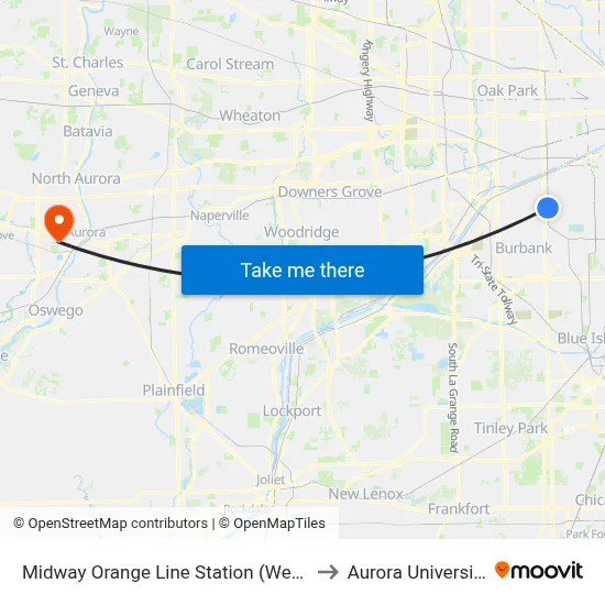 Midway Orange Line Station (West) to Aurora University map