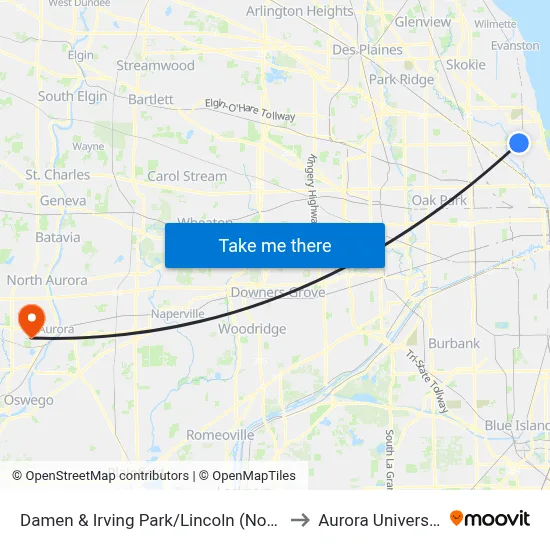 Damen & Irving Park/Lincoln (North) to Aurora University map