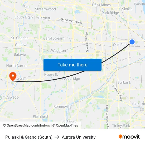 Pulaski & Grand (South) to Aurora University map