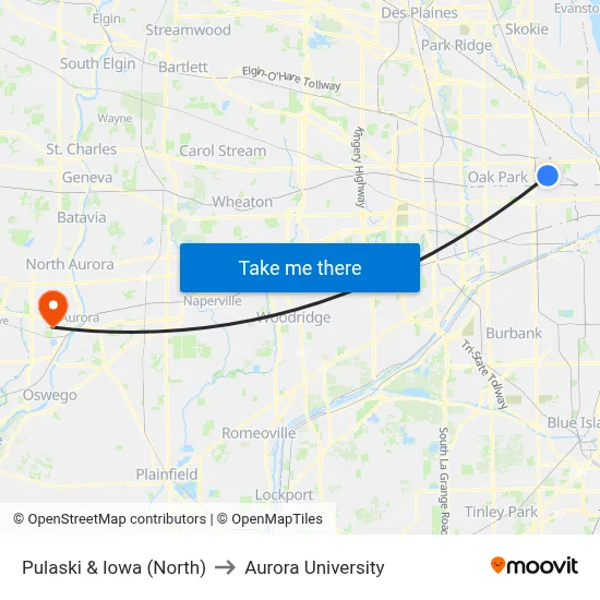 Pulaski & Iowa (North) to Aurora University map