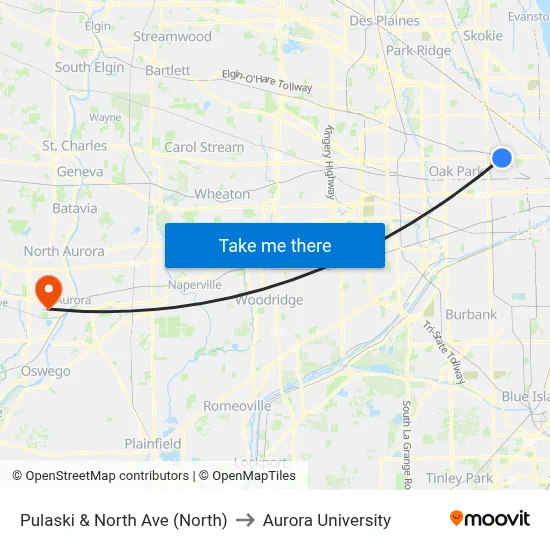 Pulaski & North Ave (North) to Aurora University map
