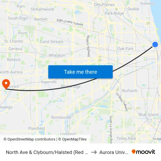North Ave & Clybourn/Halsted (Red Line) (East) to Aurora University map