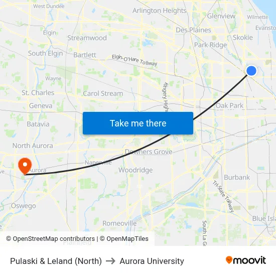 Pulaski & Leland (North) to Aurora University map