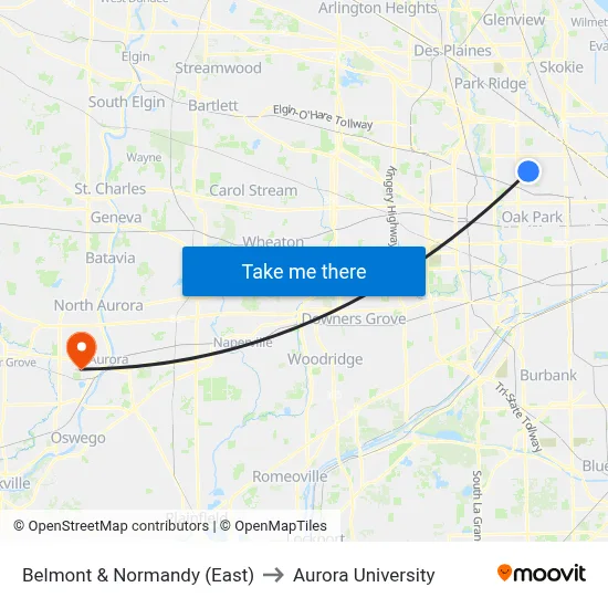 Belmont & Normandy (East) to Aurora University map