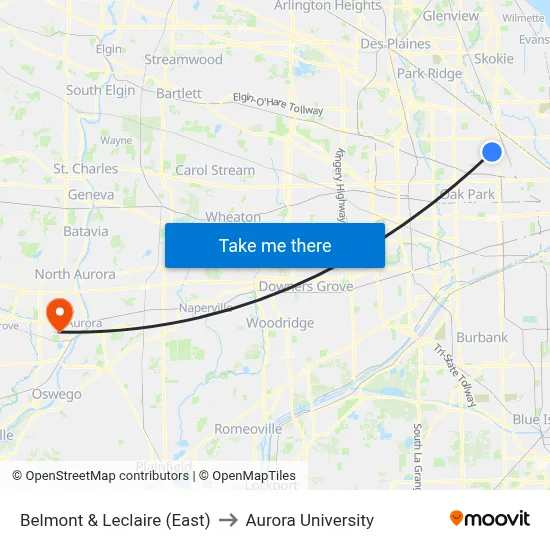 Belmont & Leclaire (East) to Aurora University map