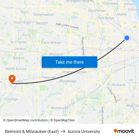 Belmont & Milwaukee (East) to Aurora University map