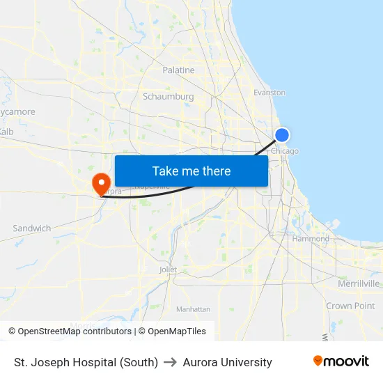 St. Joseph Hospital (South) to Aurora University map