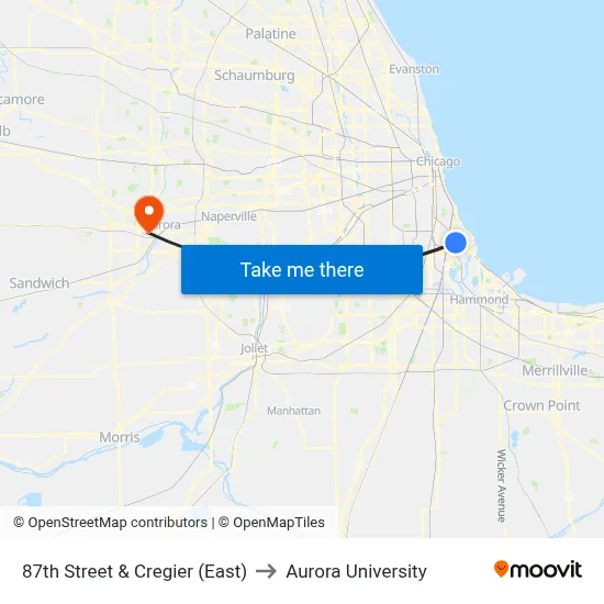 87th Street & Cregier (East) to Aurora University map
