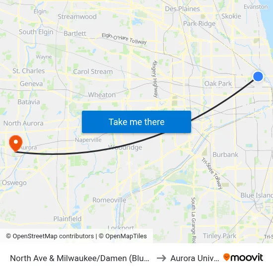 North Ave & Milwaukee/Damen (Blue Line) (West) to Aurora University map