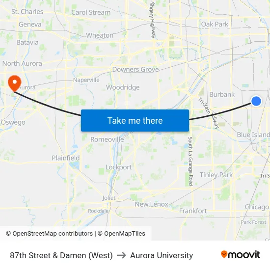 87th Street & Damen (West) to Aurora University map