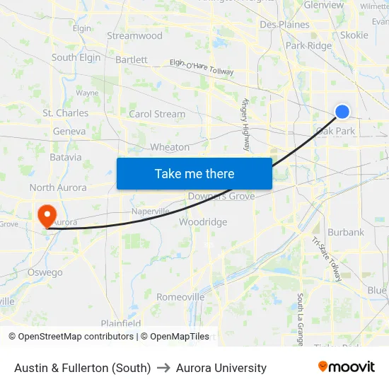 Austin & Fullerton (South) to Aurora University map
