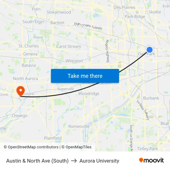 Austin & North Ave (South) to Aurora University map
