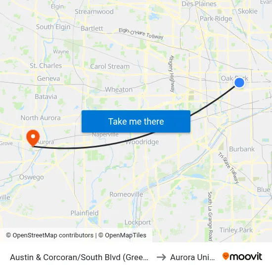 Austin & Corcoran/South Blvd (Green Line) (North) to Aurora University map