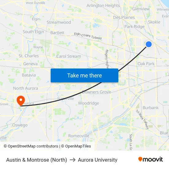 Austin & Montrose (North) to Aurora University map